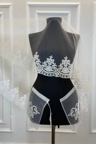 White Bridal Veil Set Classic Pattern Flock Print Glitter Henna Veil-FLOKKLASIKBEYAZ - 2