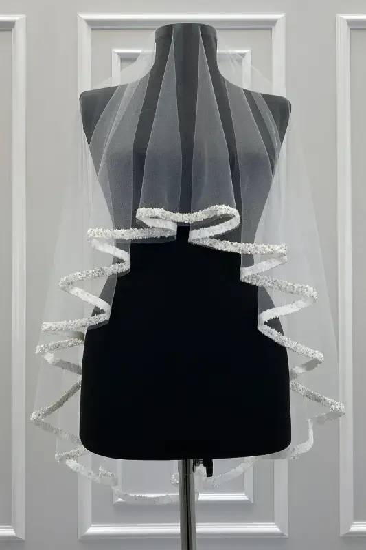 White Bridal Veil Set, Glass Bead and Sequin Printed Henna Veil, Wedding, Bride, Nikah-STBEYAZB70 - 2