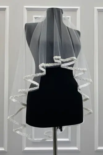 White Bridal Veil Set, Glass Bead and Sequin Printed Henna Veil, Wedding, Bride, Nikah-STBEYAZB70 