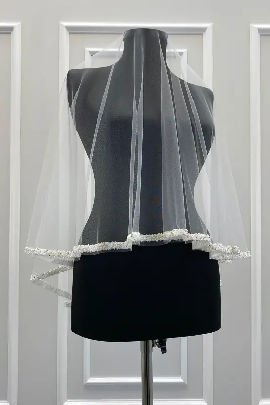 White Bridal Veil Set, Glass Bead and Sequin Printed Henna Veil, Wedding, Bride, Nikah-STBEYAZB70 - 3