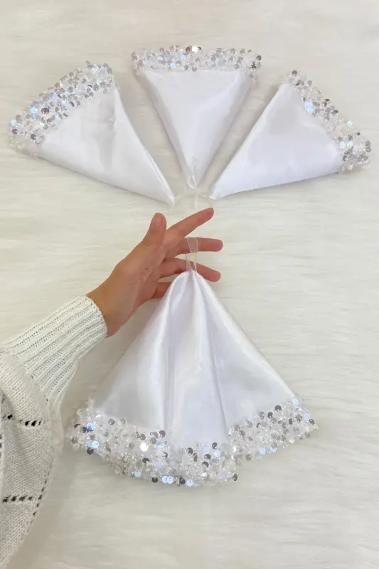White Bride Groom Handkerchief, Shiny Sequin Detailed Wedding Halay Bridesmaid Engagement Promise Henna Circumcision Handkerchief-MENDİLIŞILMODELBEYAZCE - 11