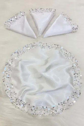 White Bride Groom Handkerchief, Shiny Sequin Detailed Wedding Halay Bridesmaid Engagement Promise Henna Circumcision Handkerchief-MENDİLIŞILMODELBEYAZCE - 12