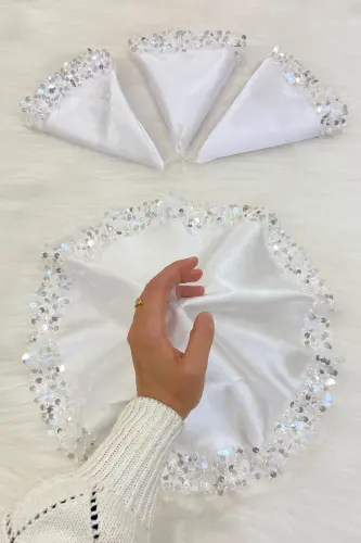 White Bride Groom Handkerchief, Shiny Sequin Detailed Wedding Halay Bridesmaid Engagement Promise Henna Circumcision Handkerchief-MENDİLIŞILMODELBEYAZCE 