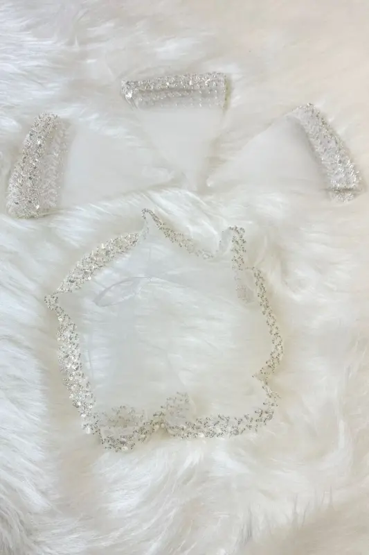 White Bride Handkerchief Halay Handkerchief Elegant Water Stone Sequined Beaded Sequin Paillette-SADECEMENDİLSUTAŞLIZARİFBEYAZ - 3