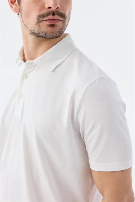 White Button Detailed Slim Fit Polo Neck T-Shirt - 3
