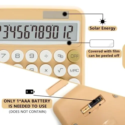 White Calculator, UPIHO Beige Standard Calculator 12 Digit with Large LCD Display and Big Buttons, White Gold Office Accessories for Women Desk, Supplies for Office, School, Home, Business - 3