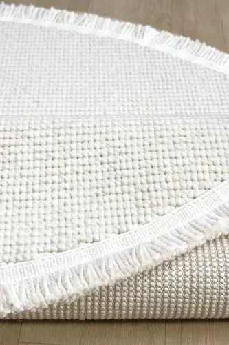 White Circle Round Fringed Modern Woven Rug WHITE CIRCLE-White 3 - 4