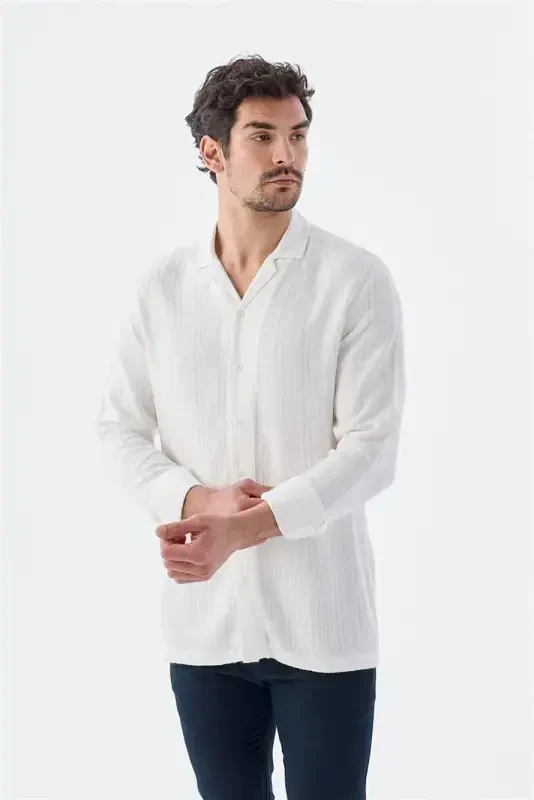 White Classic Fit Apache Collar Striped 100% Cotton Bohemian Shirt - 1