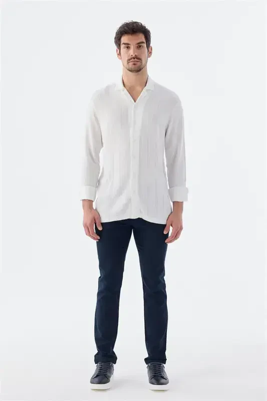 White Classic Fit Apache Collar Striped 100% Cotton Bohemian Shirt - 2