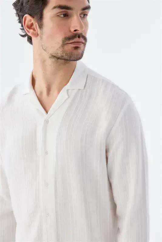 White Classic Fit Apache Collar Striped 100% Cotton Bohemian Shirt - 3