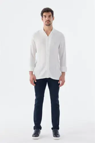 White Classic Fit Apache Collar Striped 100% Cotton Bohemian Shirt - Modazone (1)