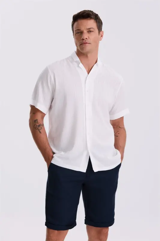 White Classic Fit Cuban Collar Short Sleeve Shirt - 1