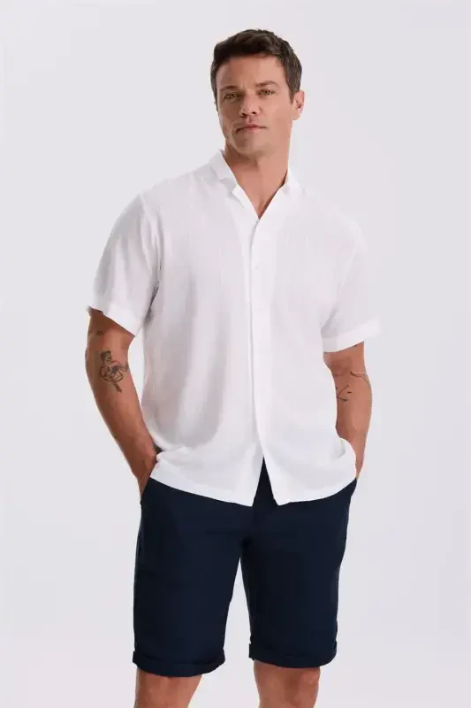 White Classic Fit Grandad Collar Casual Short Sleeve Shirt - 1