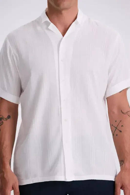 White Classic Fit Grandad Collar Casual Short Sleeve Shirt - 3