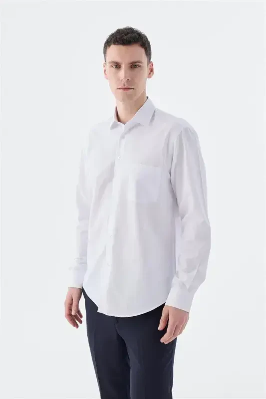 White Classic Fit Italian Collar Long Sleeve Classic Dress Shirt Easy Iron Cotton - 1