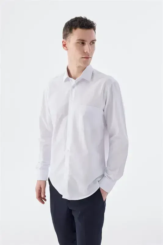 White Classic Fit Italian Collar Long Sleeve Classic Dress Shirt Easy Iron Cotton - 3