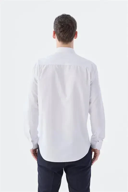 White Classic Fit Italian Collar Long Sleeve Classic Dress Shirt Easy Iron Cotton - 5
