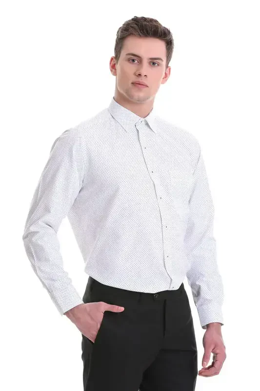 White Classic Fit Printed Cotton Slim Collar Long Sleeve Classic Shirt-White - HATEMOĞLU
