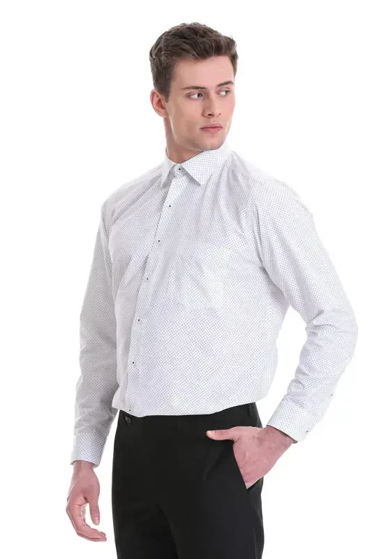 White Classic Fit Printed Cotton Slim Collar Long Sleeve Classic Shirt-White - 3
