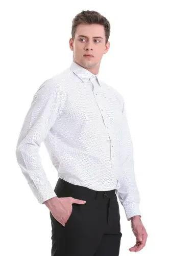 White Classic Fit Printed Cotton Slim Collar Long Sleeve Classic Shirt-White - 4