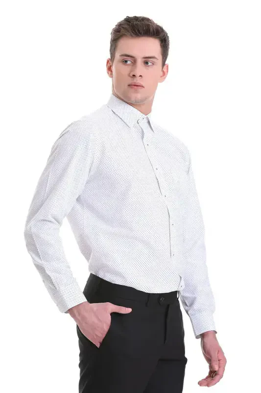 White Classic Fit Printed Cotton Slim Collar Long Sleeve Classic Shirt-White - 4