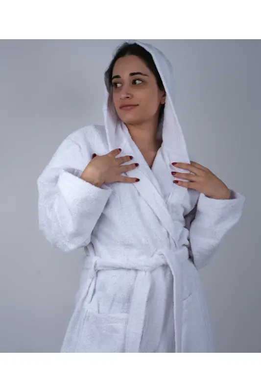 White Color %100 Cotton Boucle Hooded Model Bathrobe (S-M-L-XL-2XL-3XL-4XL) Plus and Oversize - White - DC TEKS