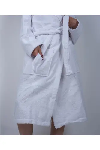 White Color %100 Cotton Boucle Hooded Model Bathrobe (S-M-L-XL-2XL-3XL-4XL) Plus and Oversize - White - DC TEKS (1)
