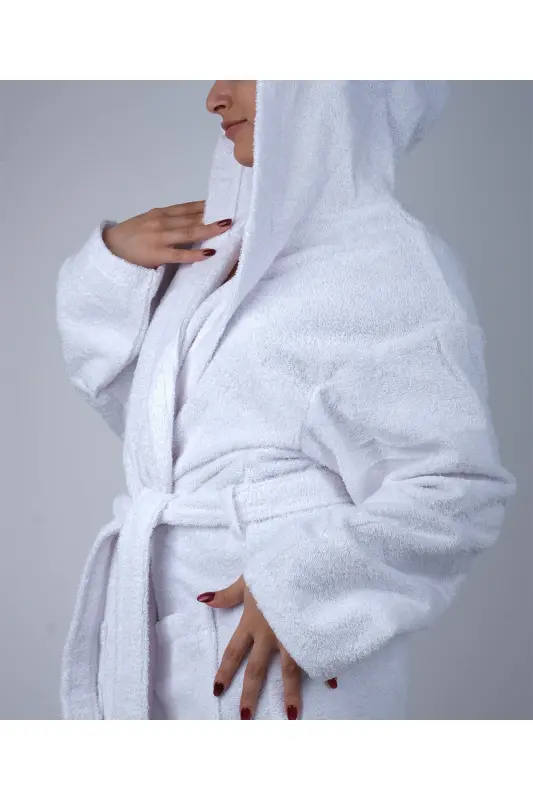 White Color %100 Cotton Boucle Hooded Model Bathrobe (S-M-L-XL-2XL-3XL-4XL) Plus and Oversize - White - 4