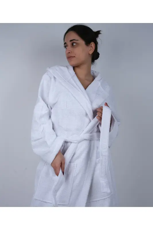 White Color %100 Cotton Boucle Hooded Model Bathrobe (S-M-L-XL-2XL-3XL-4XL) Plus and Oversize - White - 5