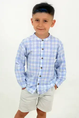 White Color Blue Checkered Long Sleeve Baby Boy Shirt-BLUE EKOSE - 1