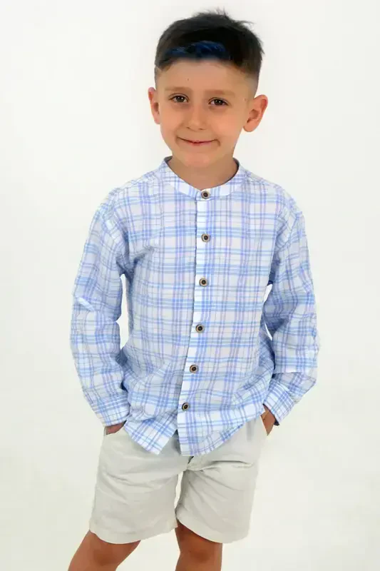 White Color Blue Checkered Long Sleeve Baby Boy Shirt-BLUE EKOSE - 1