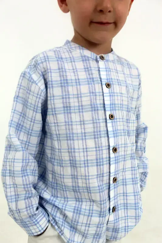 White Color Blue Checkered Long Sleeve Baby Boy Shirt-BLUE EKOSE - 2