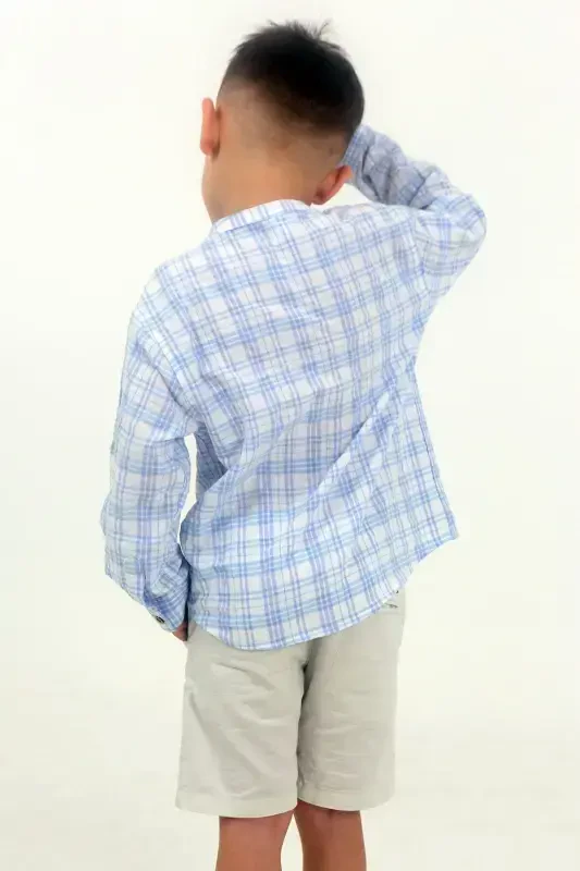 White Color Blue Checkered Long Sleeve Baby Boy Shirt-BLUE EKOSE - 3