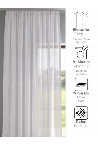White Color Linen Look Plain Tulle Curtain No Ironing Needed-WHITE - 3