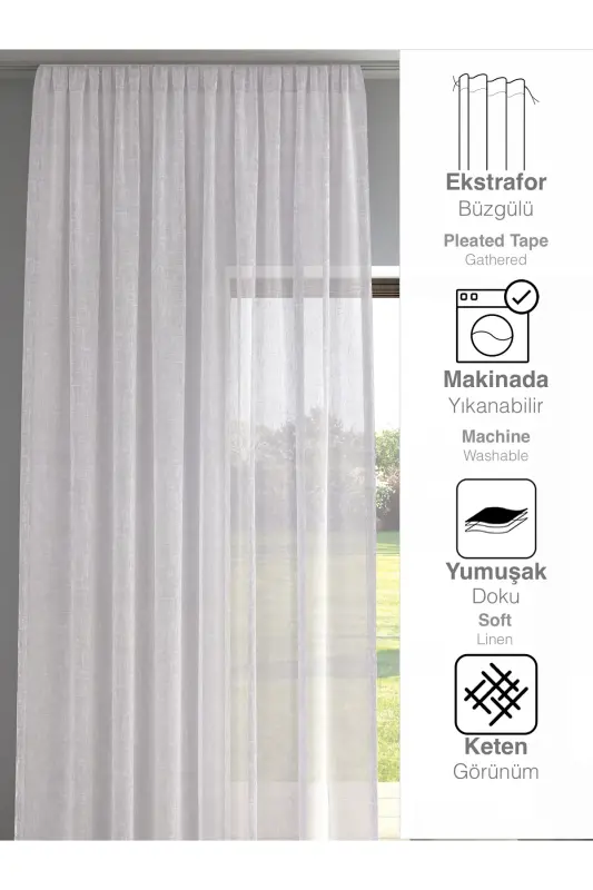 White Color Linen Look Plain Tulle Curtain No Ironing Needed-WHITE - 3
