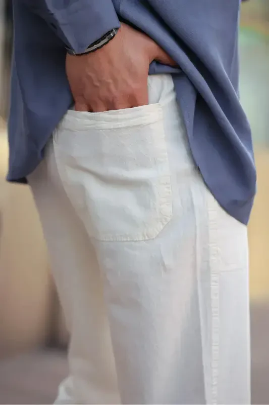 White Color Men's Summer Linen Blend Relaxed Pants - White-White - 4