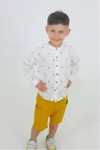 White Color Palm Tree Patterned Short Sleeve Baby Boy Shirt-ECRU - 1