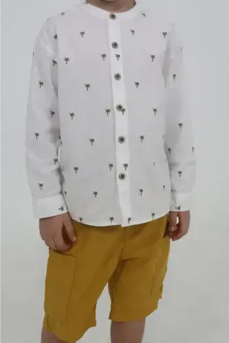 White Color Palm Tree Patterned Short Sleeve Baby Boy Shirt-ECRU - 2