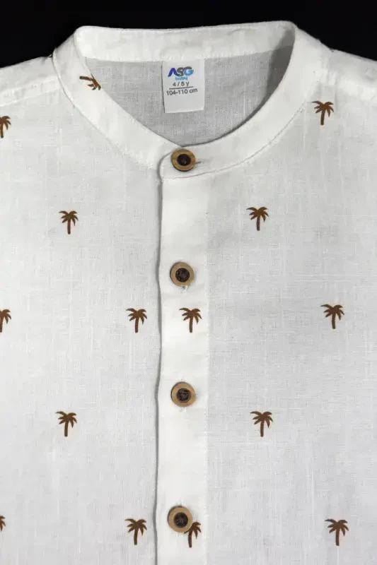 White Color Palm Tree Patterned Short Sleeve Baby Boy Shirt-ECRU - 3