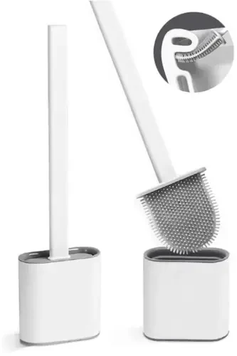 White Color Silicone Bathroom Toilet WC Cleaning Brush and Holder Set - 1