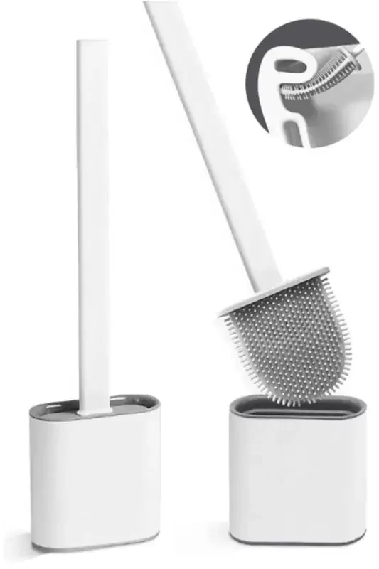 White Color Silicone Bathroom Toilet WC Cleaning Brush and Holder Set - 1