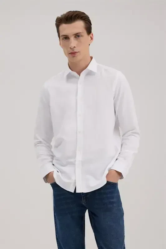 White Comfort Fit Button-Down Collar Cotton Blend Shirt - 2