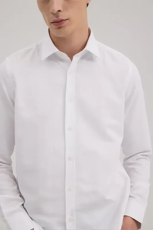 White Comfort Fit Button-Down Collar Cotton Blend Shirt - 3