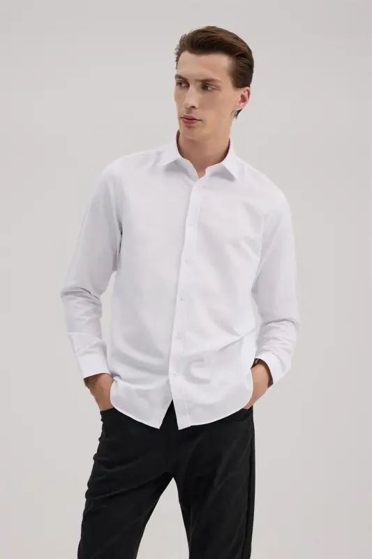 White Comfort Fit Classic Collar Cotton Blend Shirt - 2