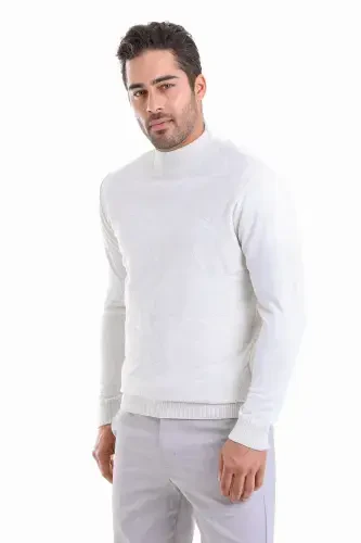 White Comfort Fit Jacquard Half Turtleneck Woolen Wool Sweater-White K. - HATEMOĞLU (1)
