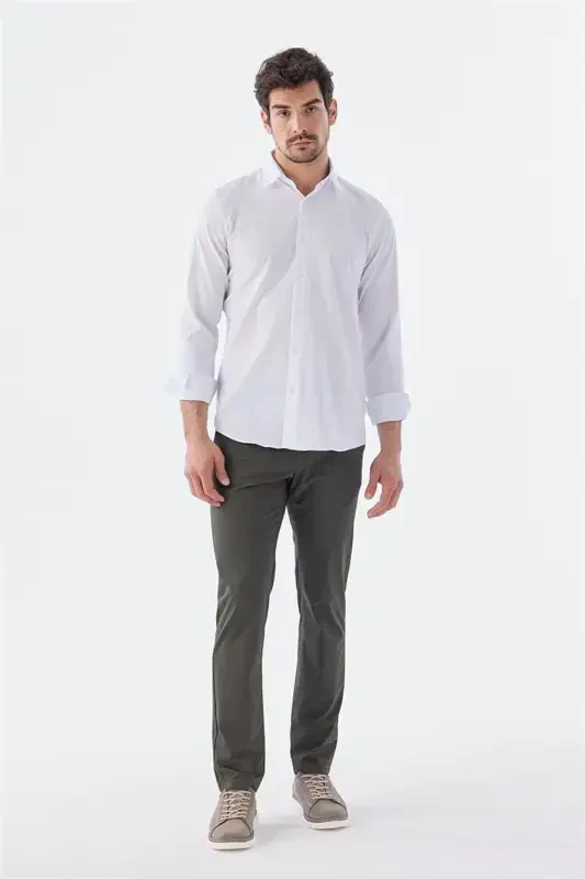 White Comfort Fit Patterned Stretch Cotton Sports Shirt - JAKAMEN
