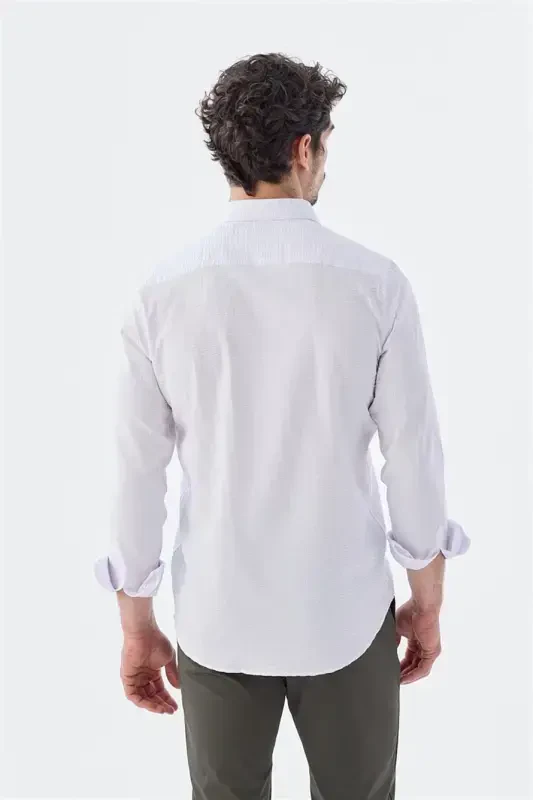 White Comfort Fit Patterned Stretch Cotton Sports Shirt - 4