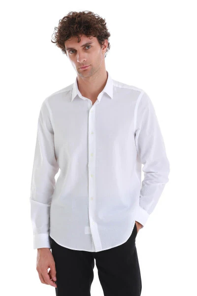 White Comfort Fit Plain 100% Cotton Slim Collar Long Sleeve - HATEMOĞLU