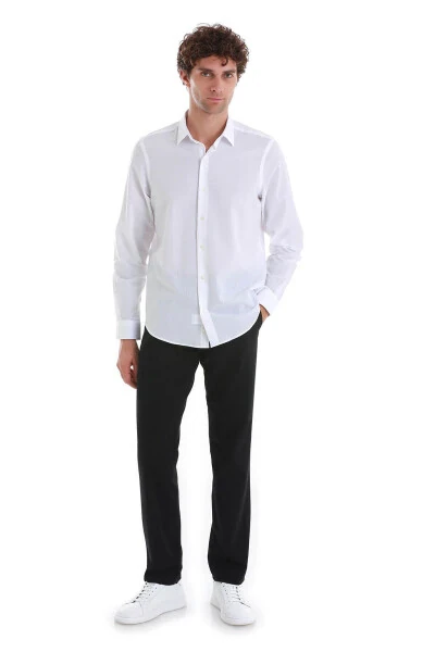 White Comfort Fit Plain 100% Cotton Slim Collar Long Sleeve - HATEMOĞLU (1)