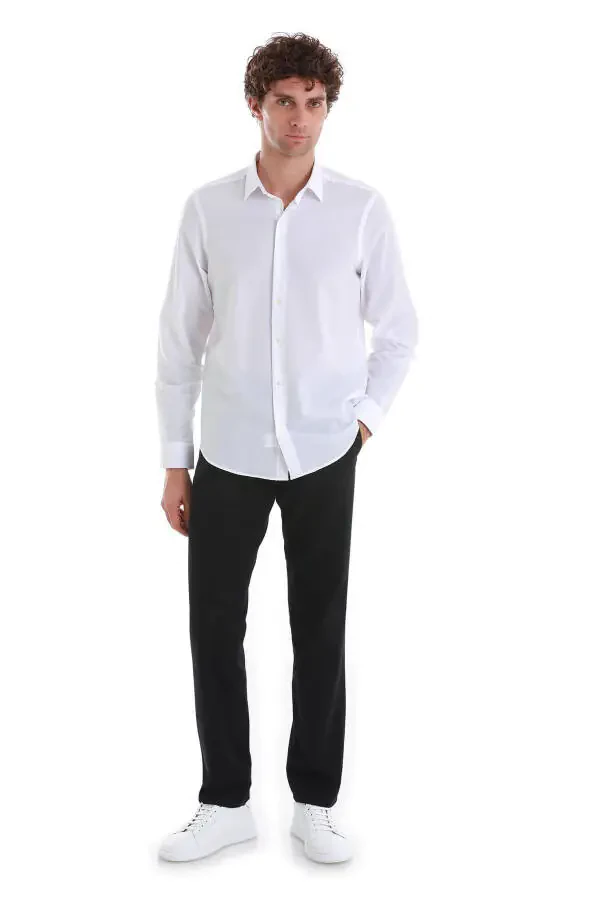 White Comfort Fit Plain 100% Cotton Slim Collar Long Sleeve - 2